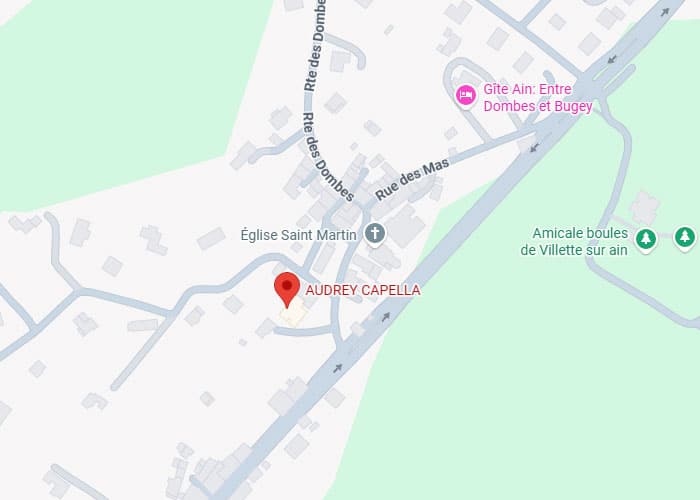 Localisation Audrey Capella à Villette-sur-Ain - Plan Maps Plan Google Maps situant Audrey Capella à Villette-sur-Ain, près de l'Église Saint Martin et de la Rue des Dombes.